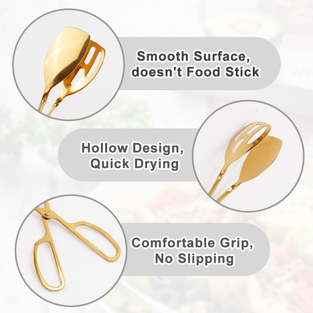 Pinzas de acero inoxidable para servir ensalada y espaguetis, juego de 2, dorado