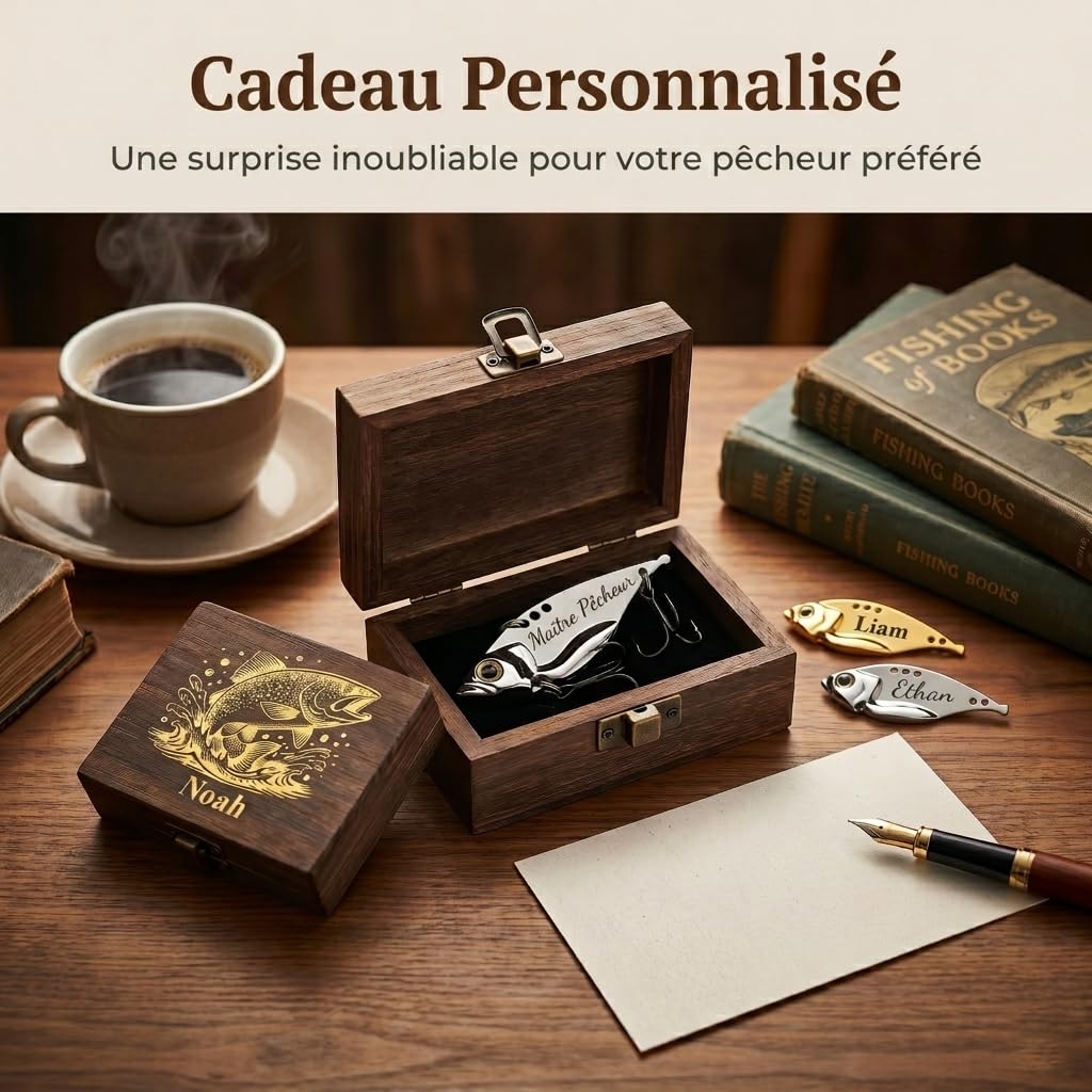 Cadeau Fete des Peres Leurre Peche Personnalisé avec Texte Gravé Cadeau de Pêcheur Hamecon Peche avec Boîte en Bois Accessoires de Pêche pour Homme Papa Cadeaux pour Anniversaire