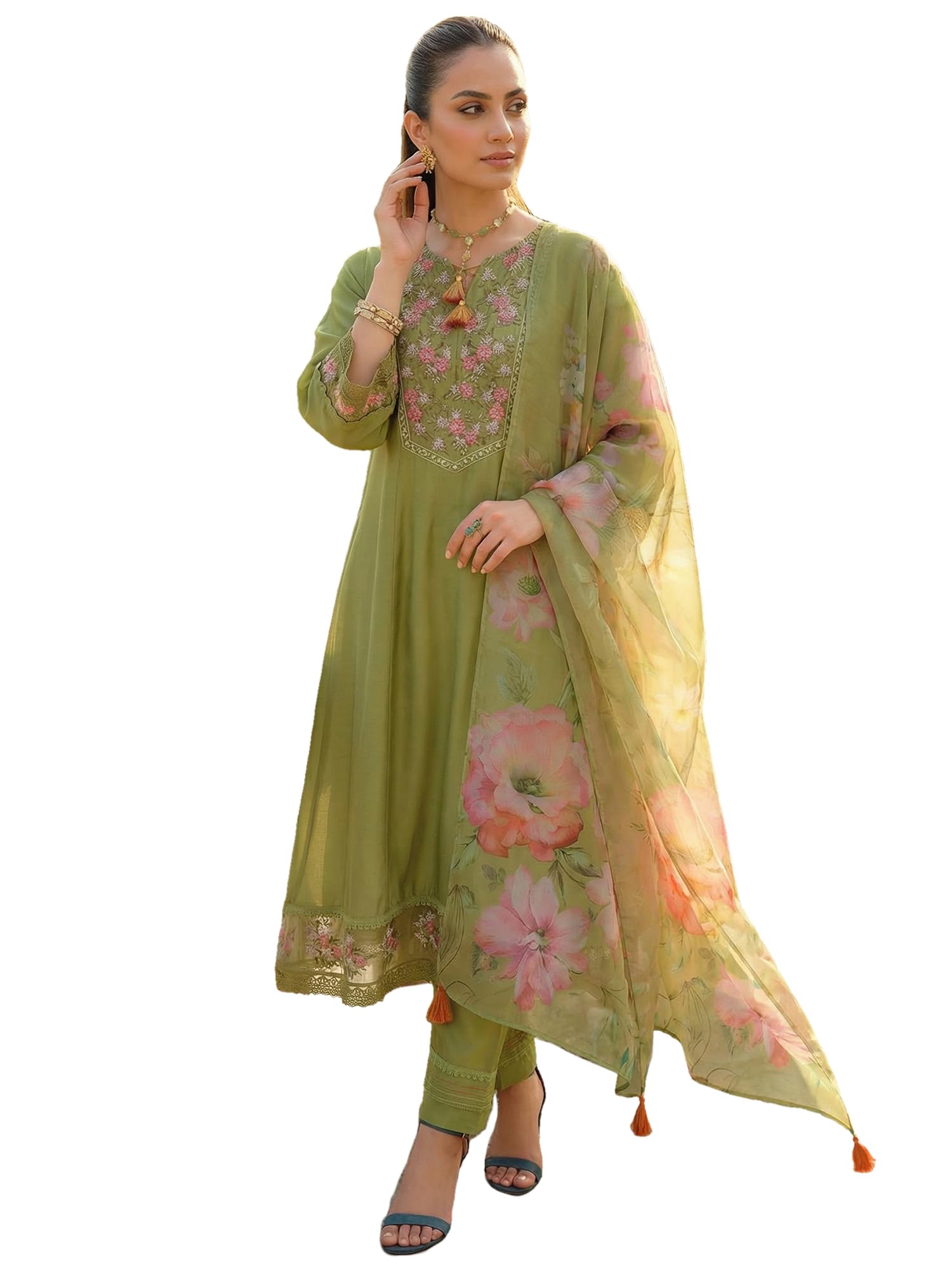 indo era Women's Viscose Rayon Floral Embroidered A-Line Calf Length Kurta with Pant & Dupatta Set (IERAI11376)-picture-18