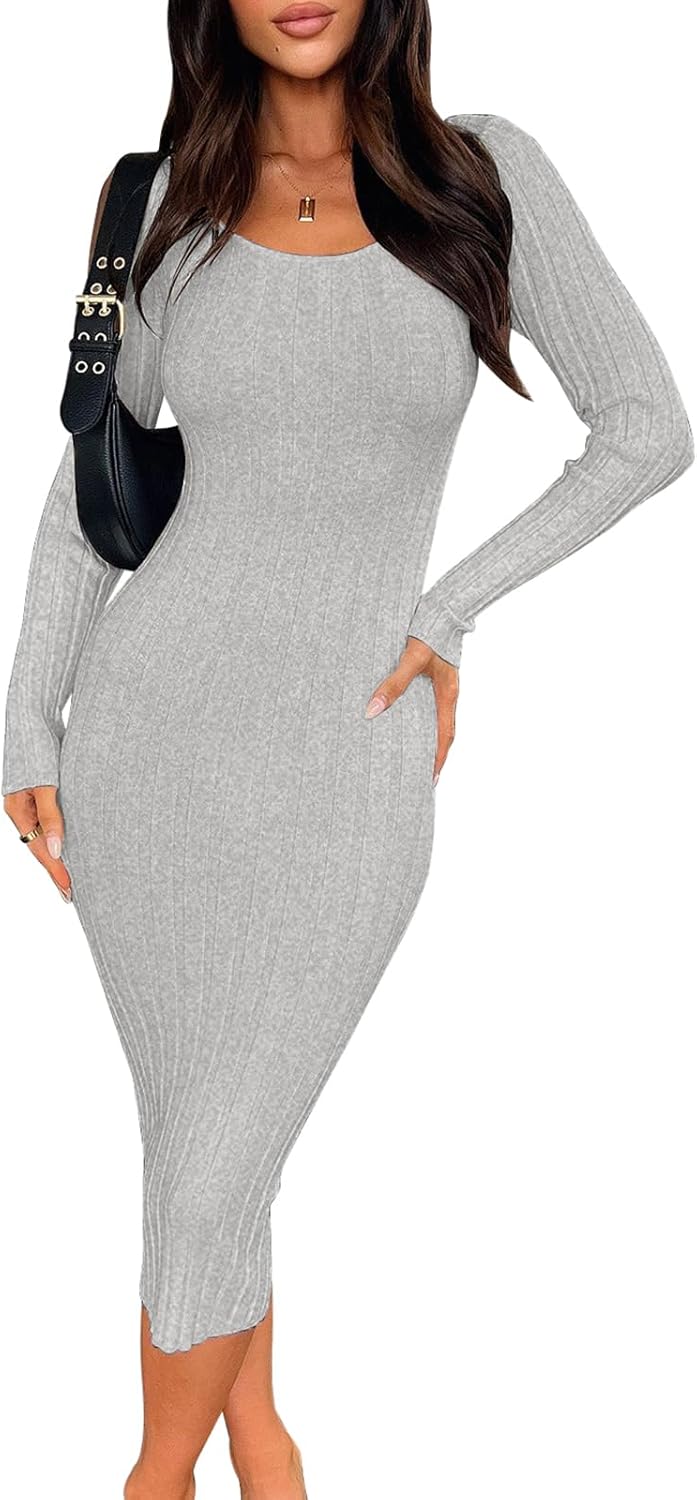 Women's Sexy Bodycon Long Sleeve Midi Dress Scoop Neck Ribbed Knit Cocktail Party Club Dresses