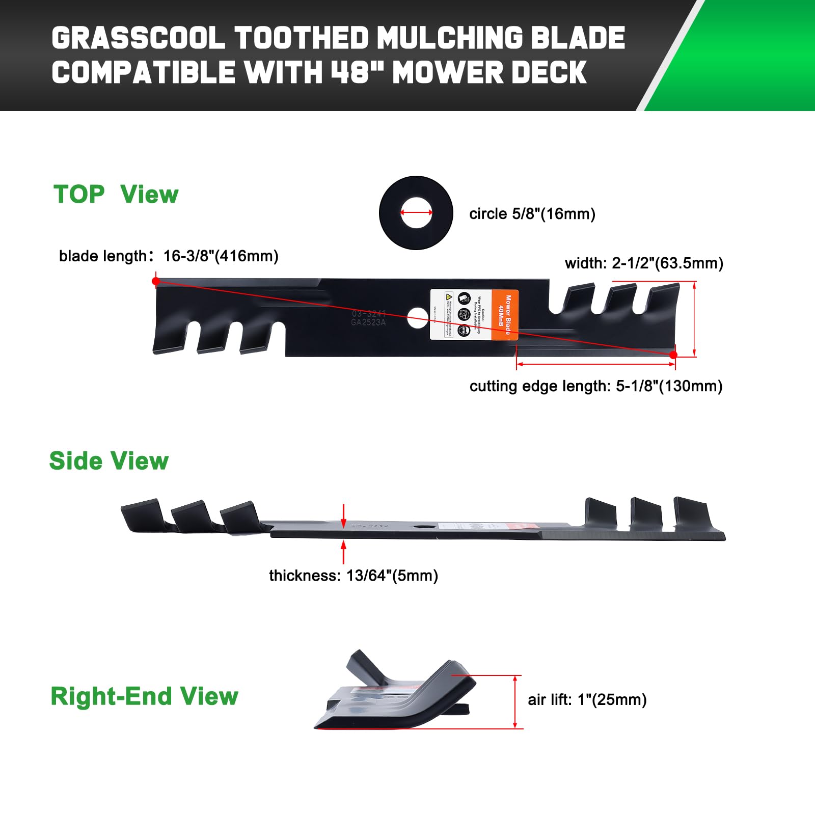 Grasscool 482877 - Cuchillas de mantillo para cortacésped Bad Boy Scag Hustler 795757 Fastrak Raptor SD de 48 pulgadas, repuesto 038-5000-00 038-5350-0050 481706 038 5350 00