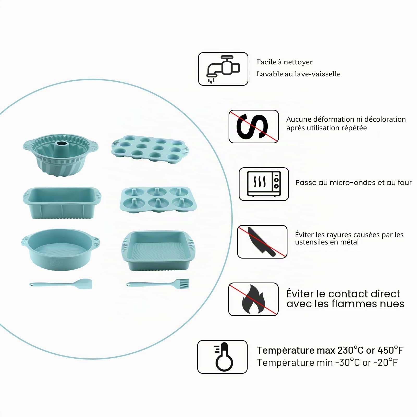 8 en 1 Moule Gâteau Silicone Antiadhésif, Moules à Muffins, Rectangulaire/Carré/Bundt Cake/Rond/Beignets Avec Grattoir à Pâte et Pinceau de Cuisson