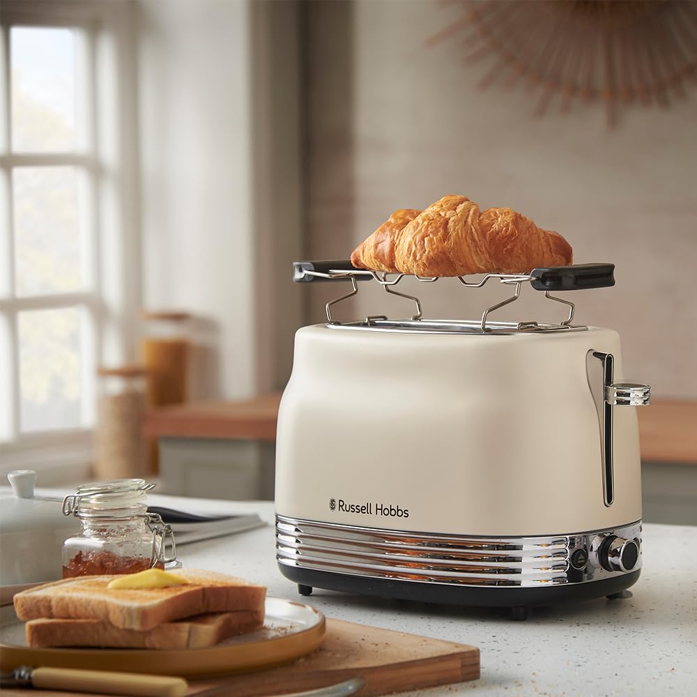 Russell Hobbs Toaster [für 2 Scheiben] Hanley Crème-Weiß (6 Bräunungsstufen, extra breite Toastschlitze, Auftauen/Aufwärmen/Stoppfunktion, Brötchenaufsatz, Krümmelschublade, Lift & Look) 28650-56