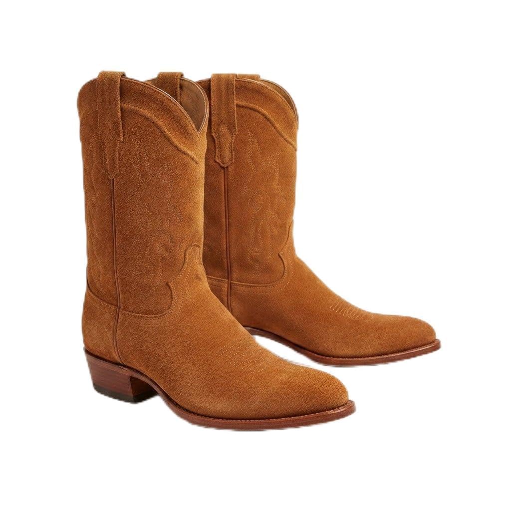 Men’s Tan Brown Suede Western Cowboy Boots | Mid-Calf Pull-On Boots with Embroidered Detailing and Cuban Heel for Casual-image-8