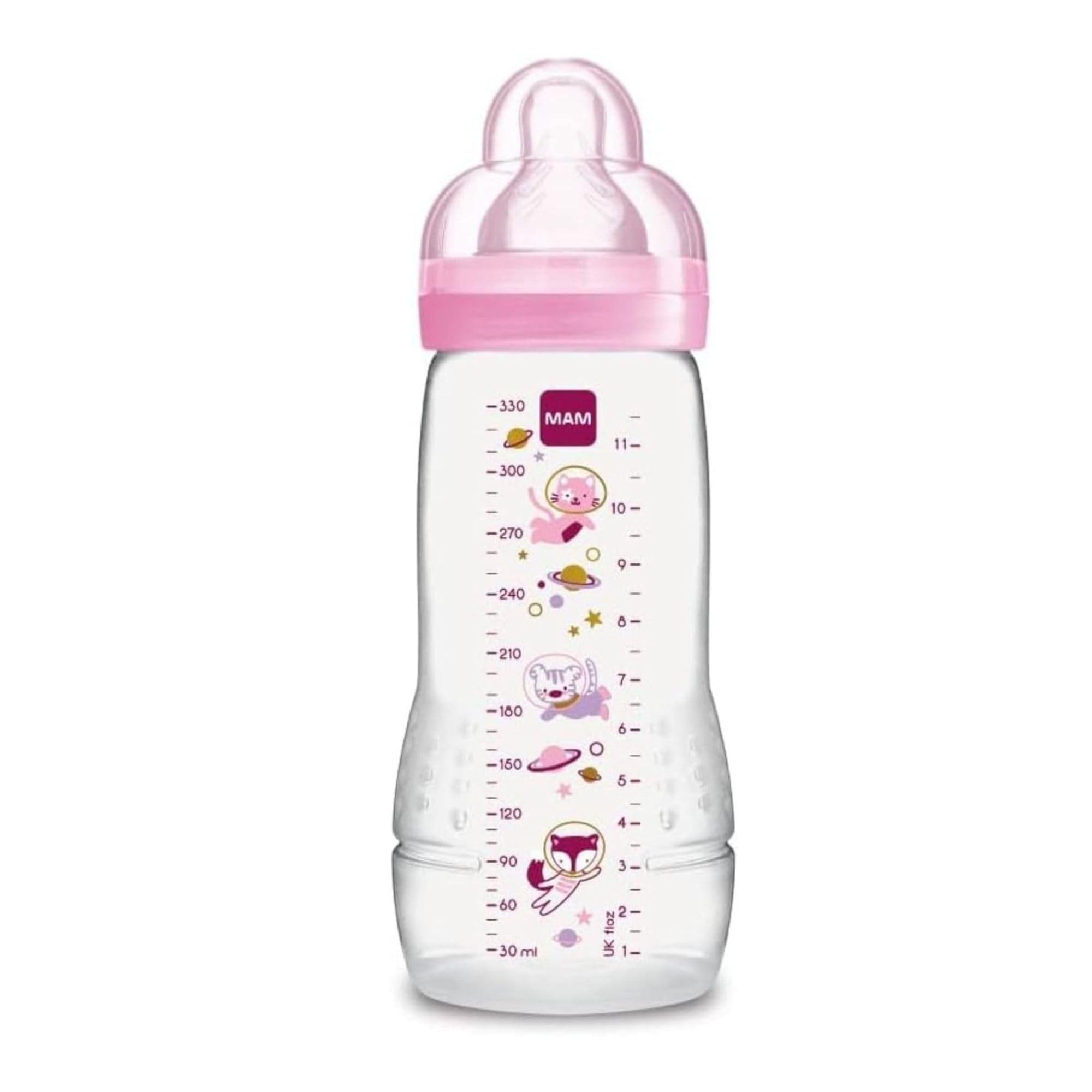MAM Biberon Easy Active Baby Bottle 330 ml, Biberon MAM per bambini attivi ergonomico e pratico, Accessori neonato 4+ mesi per l'allattamento con tettarella misura 3 piatta e simmetrica, Rosa