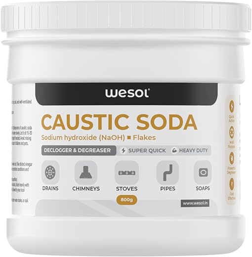 Wesol Caustic Soda Flakes, 800g, Multi-Purpose Declogger and Degreaser for Drains, Chimneys, Stoves, Pipes and Soap Making