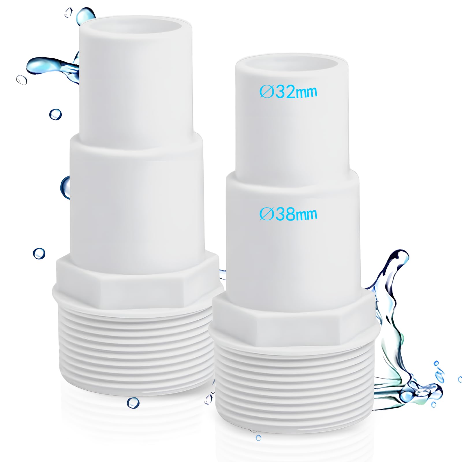 Juego de 2 Conectores de Manguera para Piscina, diámetro de 32/38 mm a Boquilla de Manguera de 1,5 Pulgadas, Adaptador de Piscina, Color Blanco