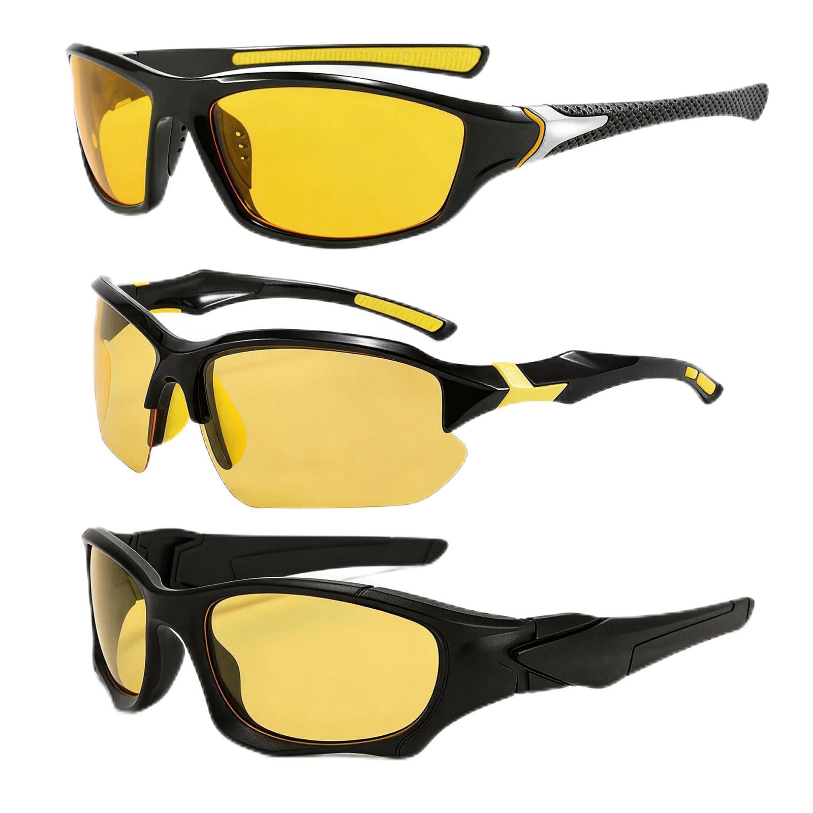 3Pack Polarised Night Driving Glasses Anti Glare, 2026 New Night Vision UV400 Protection Sports Sunglasses for Men Women, Yellow Glasses Set for Cycling Running Driving Fishing - 1