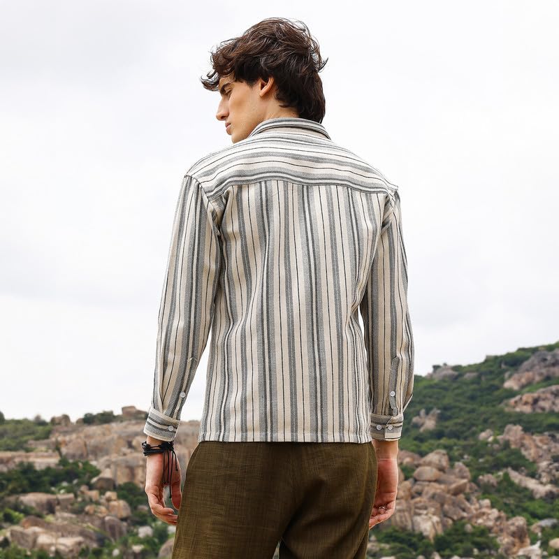 Image of CAHOOT Men's Multitrack Striped Oversized Shirt for Casual Wear | Spread Collar | Long Sleeve | Button Closure | Oversized Shirt Crafted with Comfort Fit for Everyday Wear