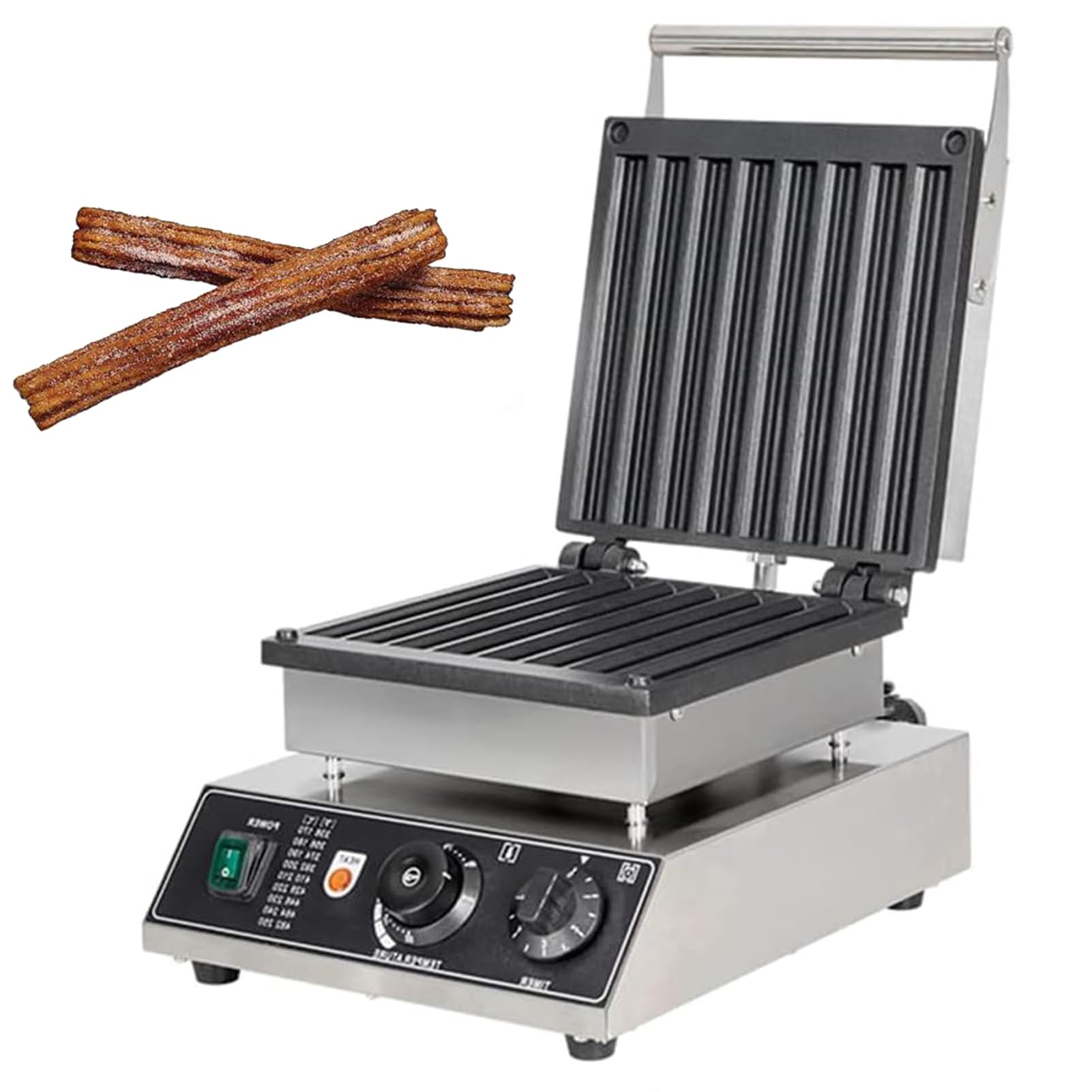 Macchina elettrica per churros, piastra per waffle antiaderente da 1750 W con temperatura e timer regolabili, macchina per ciambelle alla frutta latina, prepara 8 fette di churros in pochi minuti.