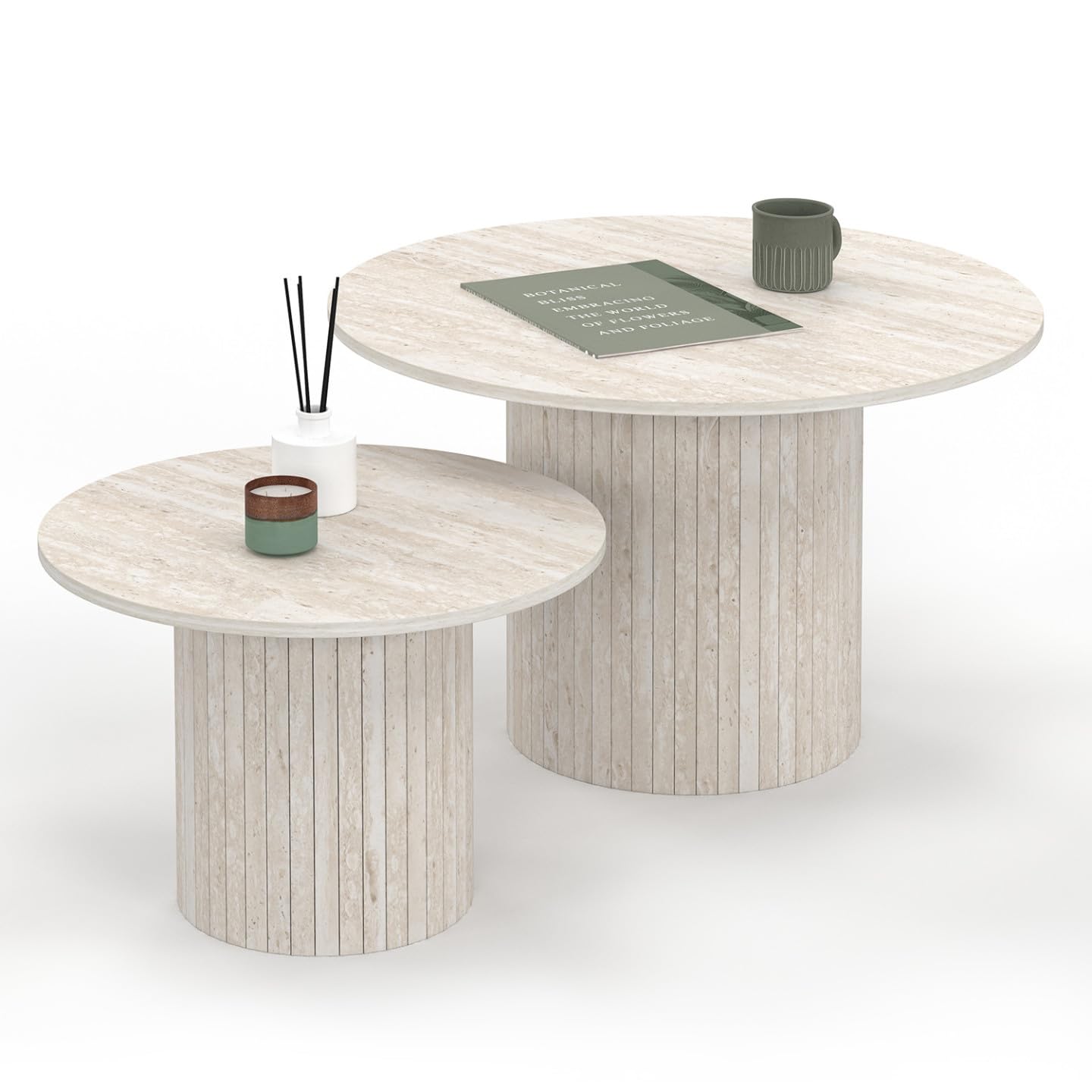 IDMarket - Lot de 2 Tables Basses gigognes Juliette Rondes 50/70 Effet Lattes travertin
