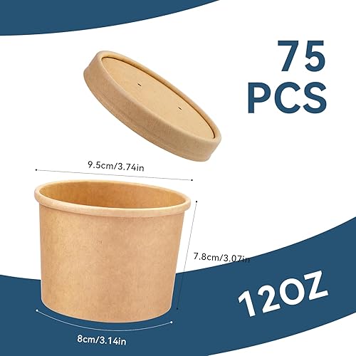 Miniatura 2 de Paquete de 75 tazas de sopa de papel de 12 onzas con tapas, cuencos de sopa de papel kraft desechables, recipientes de sopa de papel para llevar,