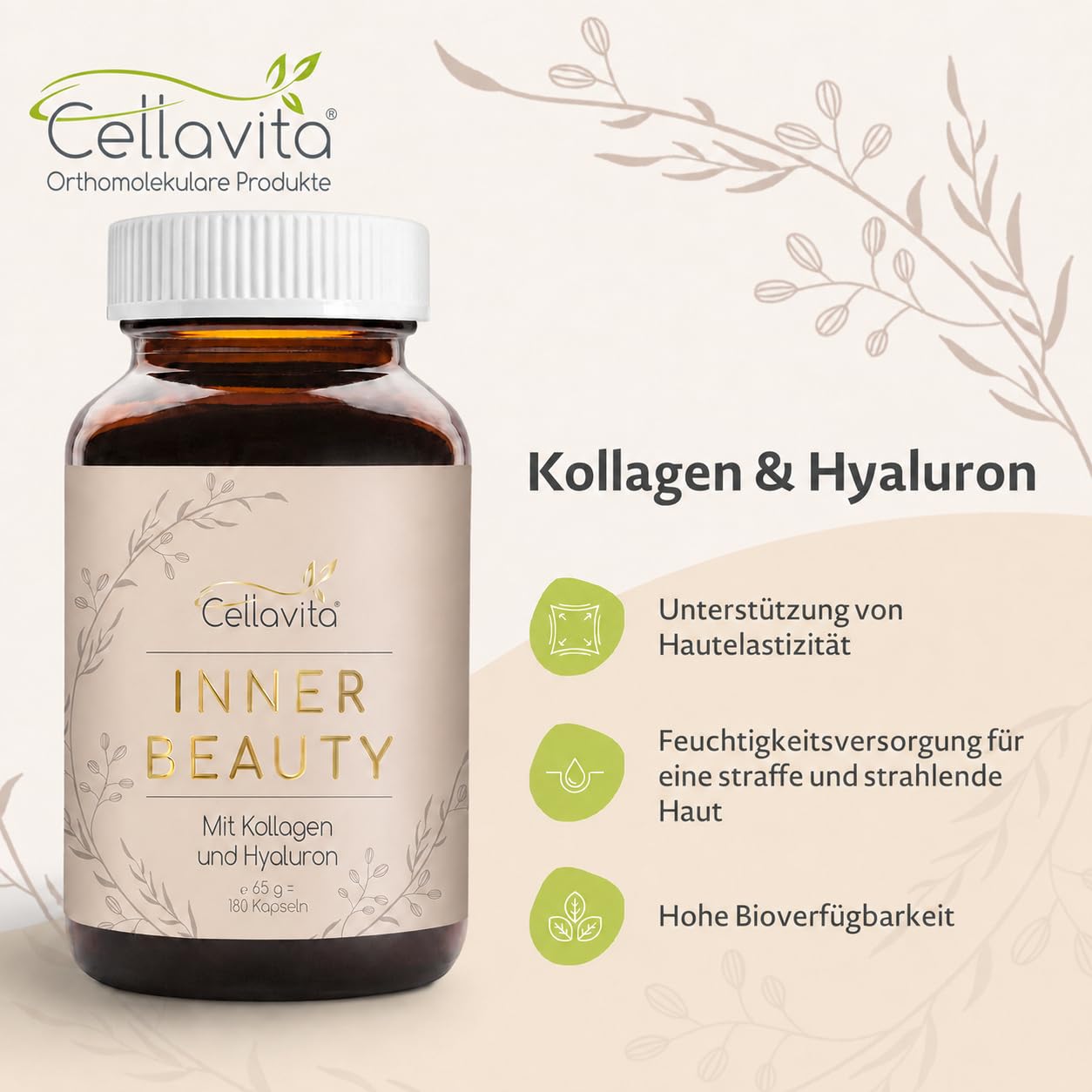 Cellavita – Inner Beauty mit Kollagen & Hyaluron Komplex – Nahrungsergänzungsmittel Collagen 180 Kapseln – Unterstützung von Hautelastizität & Feuchtigkeitsversorgung für Haut, Haare & Nägel