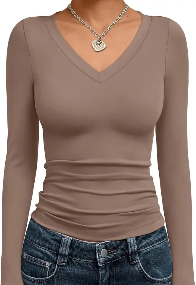 Trendy Queen Long Sleeve Shirts for Women 2025 Fall Fashion V Neck Basics Crop Tops Slim Fitted Y2K Tops Outfits Clothes OEKO-TEX STANDARD 100