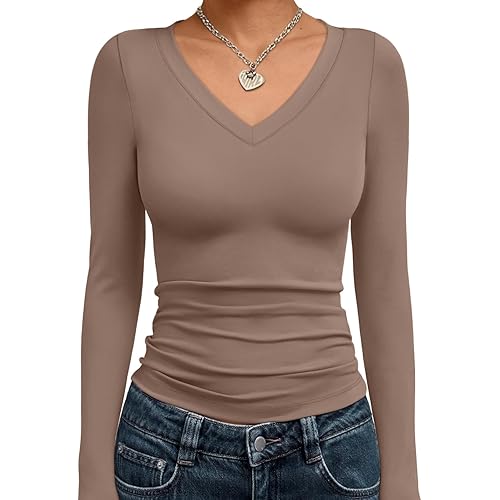 Trendy Queen Long Sleeve Shirts for Women 2025 Fall Fashion V Neck Basics Crop Tops Slim Fitted Y2K Tops Outfits Clothes