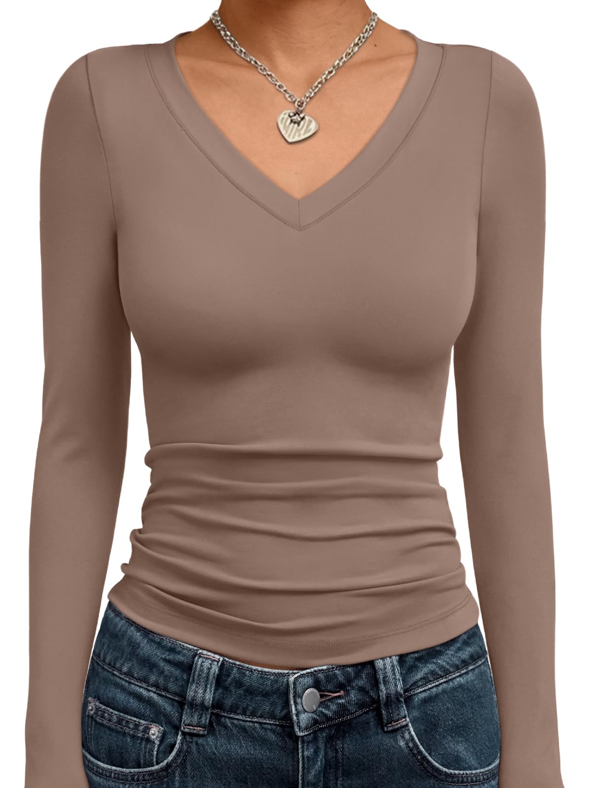 Trendy Queen Long Sleeve Shirts for Women 2025 Fall Fashion V Neck Basics Crop Tops Slim Fitted Y2K Tops Outfits Clothes