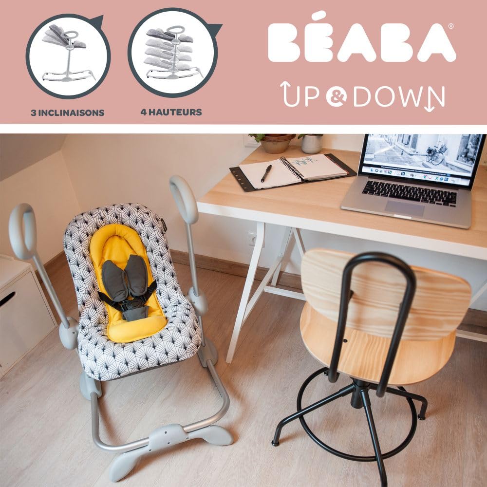 BÉABA, Transat Up and Down III, Transat Réglable en Hauteur, Unisexe pour Bébé et Enfants, 3 Positions d'Inclinaison, Harnais Sécurité 5 Points, Réducteur de Naissance, Yellow Palm Tree