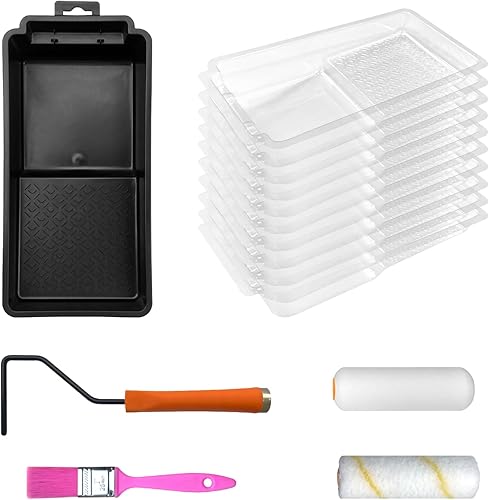 Juego de bandejas de rodillo de pintura de 4 pulgadas, paquete de 15 herramientas de pintura, 11 bandejas de pintura y forros, rodillo de pintura de