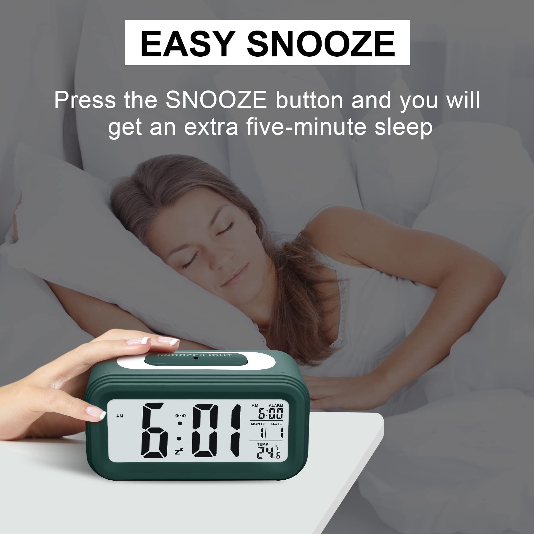 Larkumio Sveglia Digitale da Comodino LED Alarm Clock, Orologio Sveglia Luminosa Silenziosa a Pile Sveglie da Viaggio con Snooze per Adulti Anziani Bambini, Verde Scuro