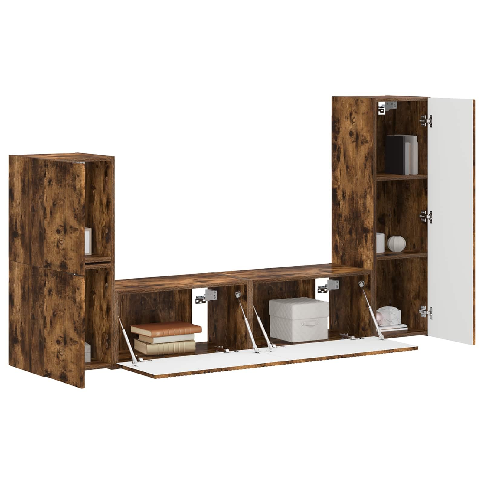 TV-Schrankset 4-teilig, Geräucherte Eiche Holzwerkstoff, Modernes Media-Center für Wohnzimmer, Wandmontage, Viel Stauraum