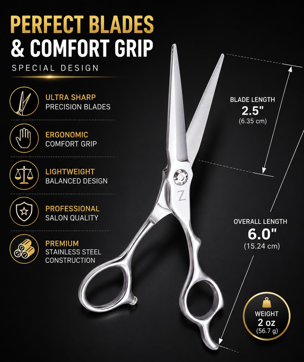 6-Zoll professionelle Haarschneideschere mit ultrascharfen Klingen, hochwertige Haarschere aus Edelstahl für und müheloses Schneiden, ideale Friseurschere für den Einsatz zu Hause und im Salon
