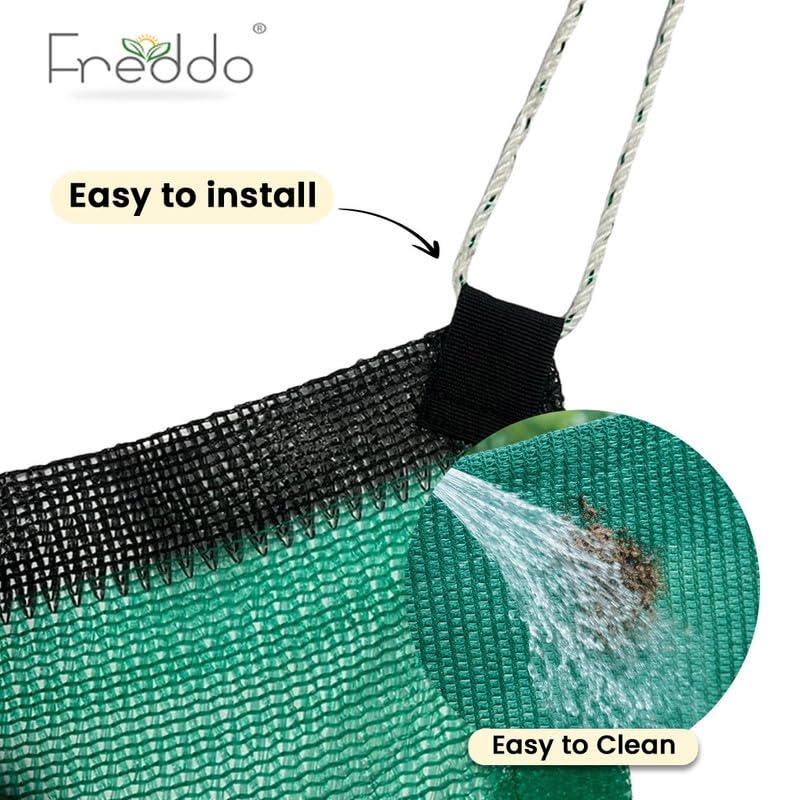 Image of FREDDO- 5 x 6 Ft 50% Green Shade Net with PP Loops | UV Stabilized HDPE Sun Shade Net for Garden, Plants & Nursery | Heat & UV Protection for Balcony, Terrace, Farming & Outdoor-Pack of 1 Piece