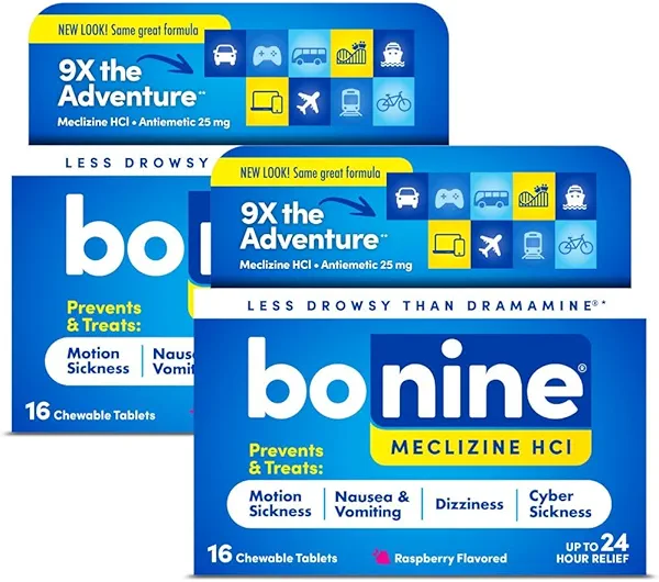 Bonine Non-Drowsy Motion Sickness Relief - 32 Chewable Tablets with Meclizine HCL 25mg - Non Drowsy Medicine for Nausea or Motion Sickness - Cruise Essentials - Raspberry Flavor