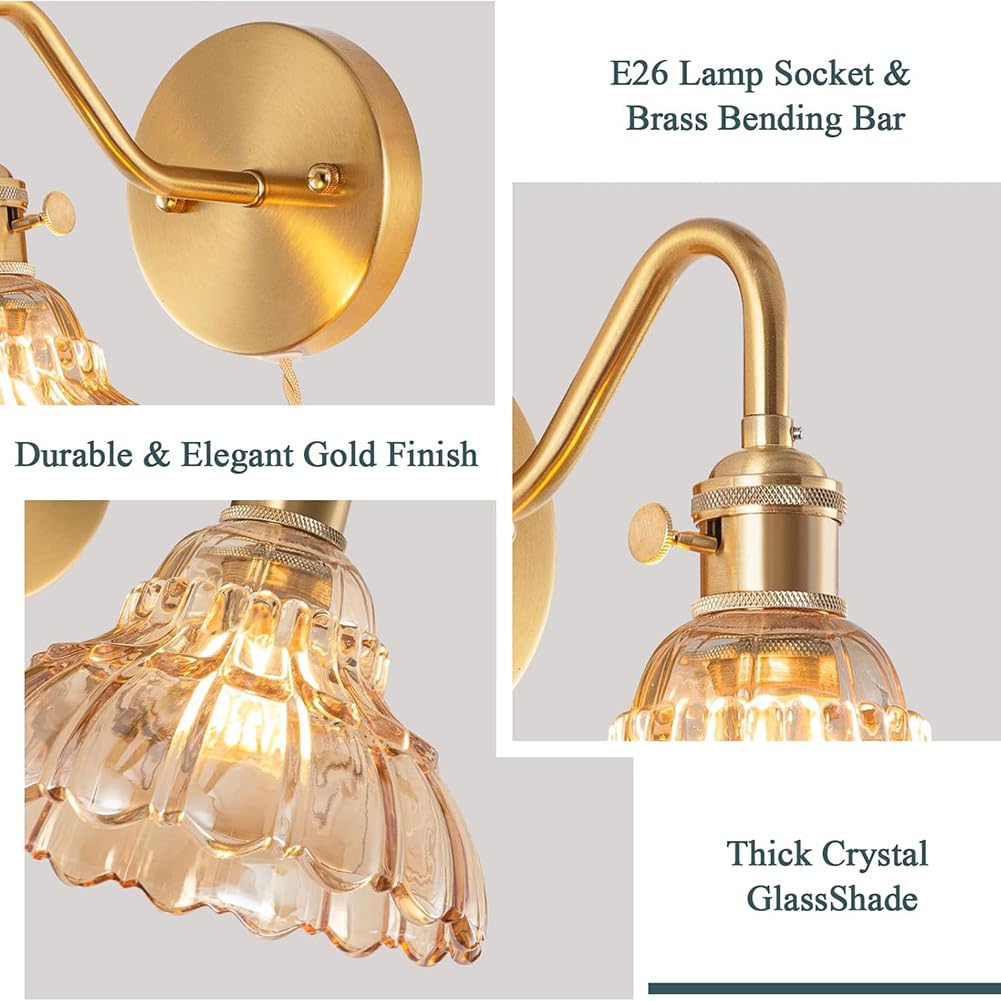 Vintage Wandleuchte mit Schalter und Stecker, Gold Glas Lampenschirm Wandlampe Retro Messing Nachttischlampe mit Kabel und Schalter Blume Wandlicht Innen Industrial Kristallleuchte E27