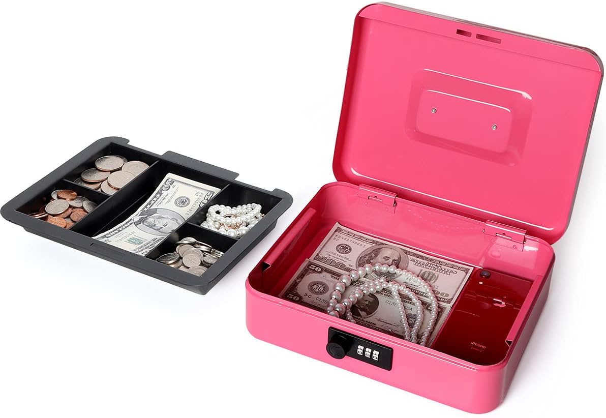 Cash Box with Money Tray and Lock, Lovndi Metal Money Box for Cash, Lockbox 9.84x 7.87x 3.54 Inches, Pink : Office Products