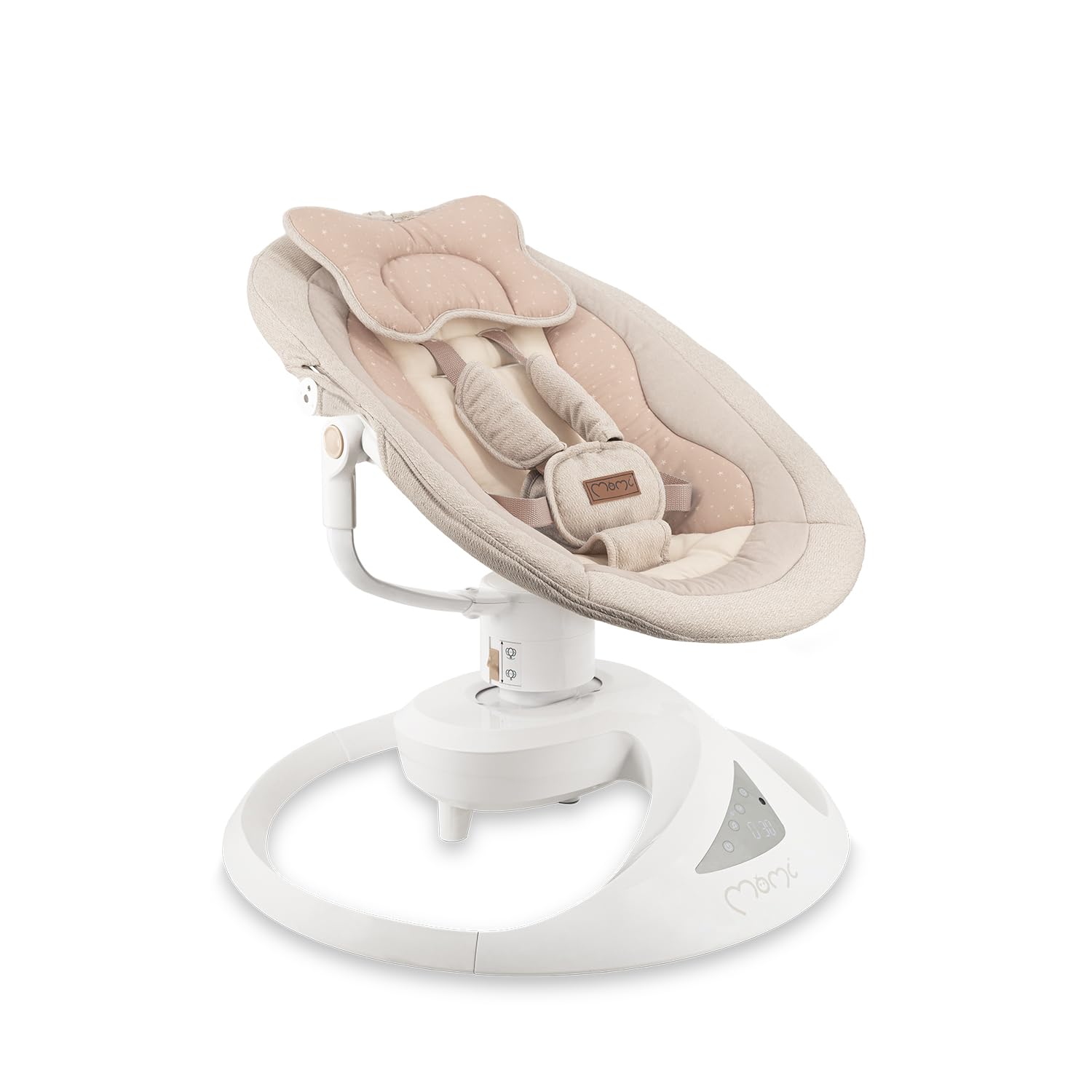 Balancelle MoMi Pearl 9 kg, siège 360°, LED, Bluetooth, télécommande, piles ou secteur, câble USB, harnais 5 points, arche avec jouets