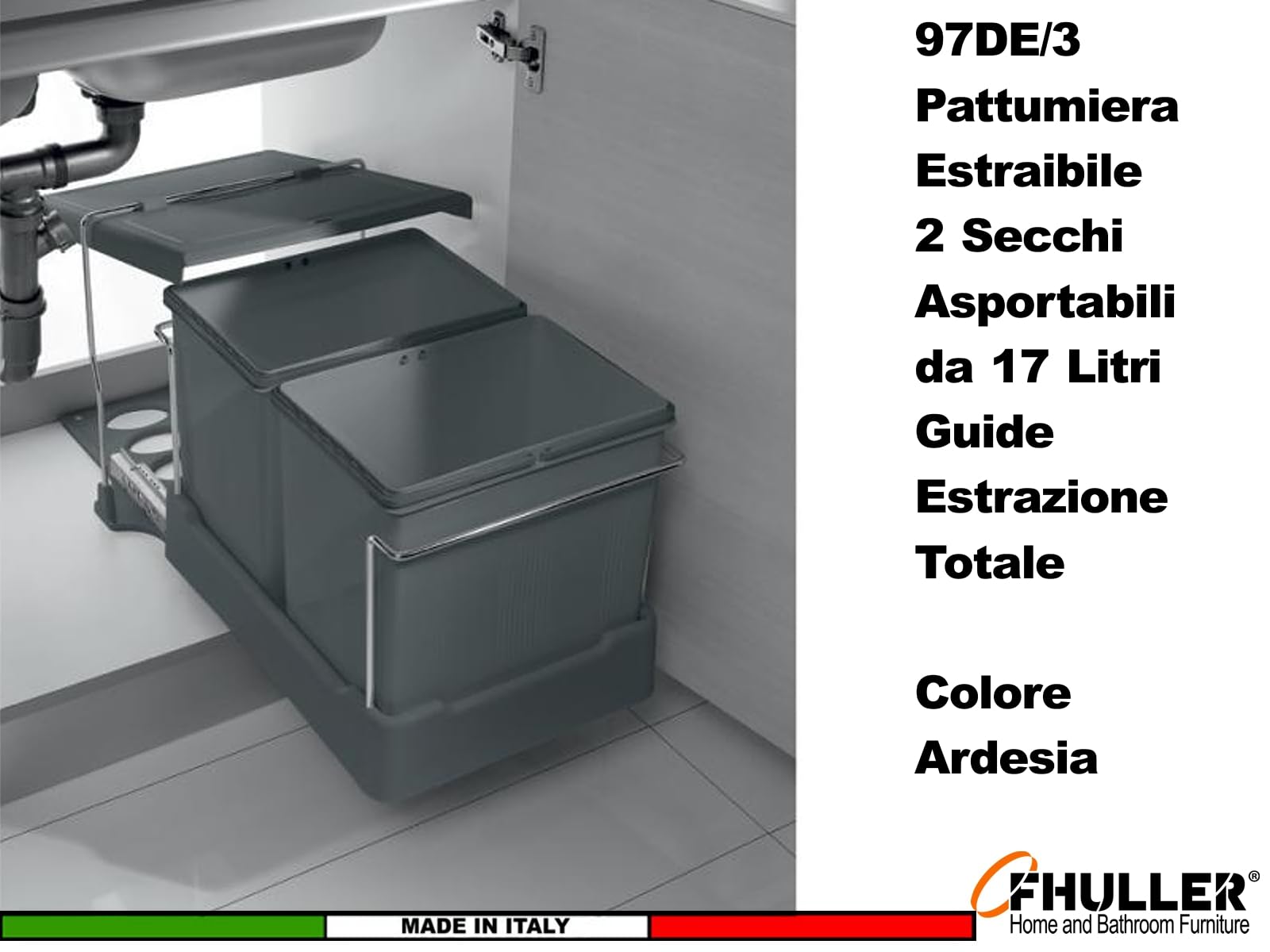 Pattumiera Estraibile Inoxa 97DE/3 a 2 Secchi da 17 Lt con Coperchio Basculante