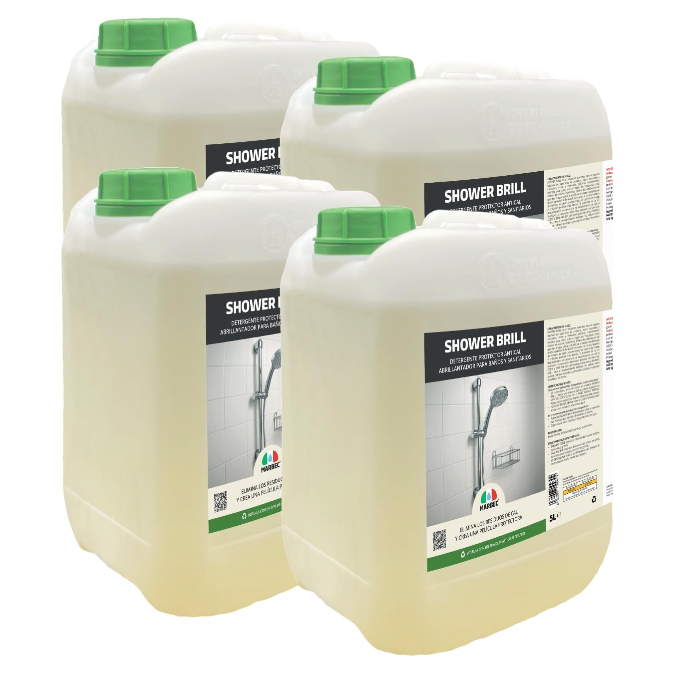 MARBEC SHOWER BRILL 5LTX4UDS Limpiador antical para baño, protector anti-gotas, para cerámicas y vidrios, reduce cal y residuos, fácil mantenimiento diario.