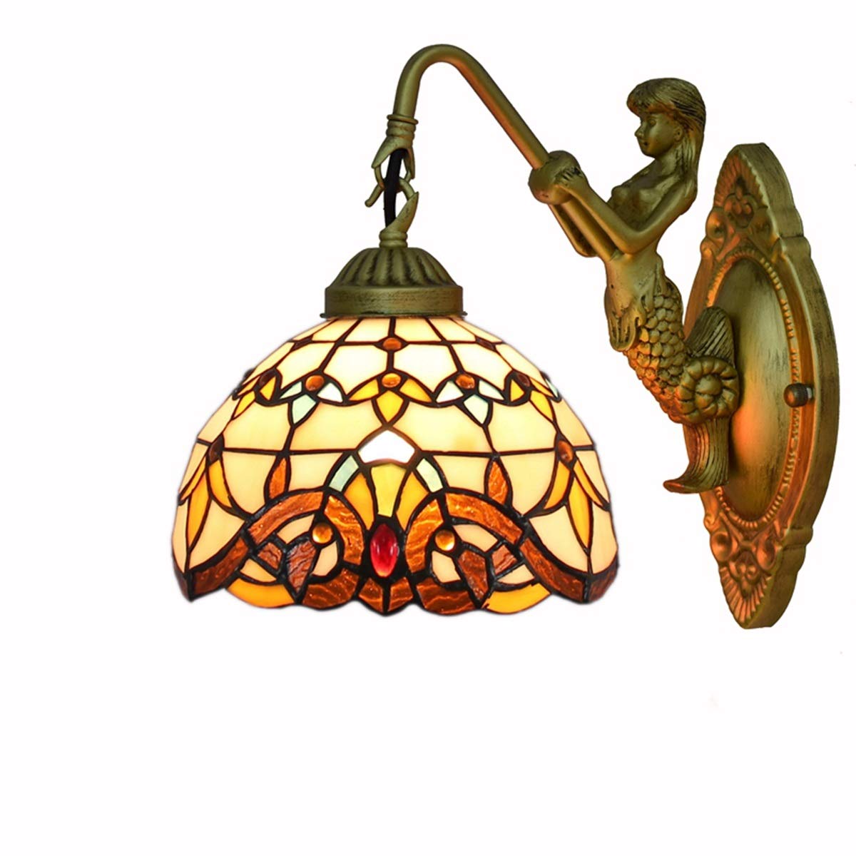 NHPJFDC Tiffany Style Wall Sconce, 8 Inch Stained Glass Wall Mount Light Yellow Baroque Mermaid Vintage Decorative Bedside Lamps for Bedroom Living Room Corridor Stairways
