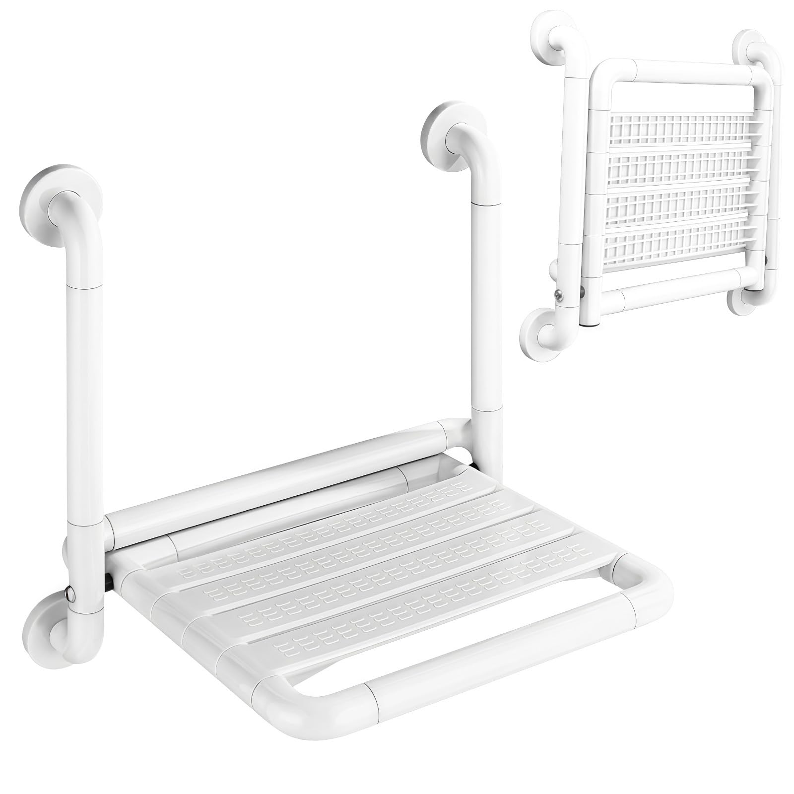 16-Inch Wall Mounted Shower Seats with Armrests, Space-Saving Foldable Shower Bench for Small Bathrooms, Safety Wall-Mounted Foldable Shower Chair with Reflective Strips, Holds up to 330 lbs