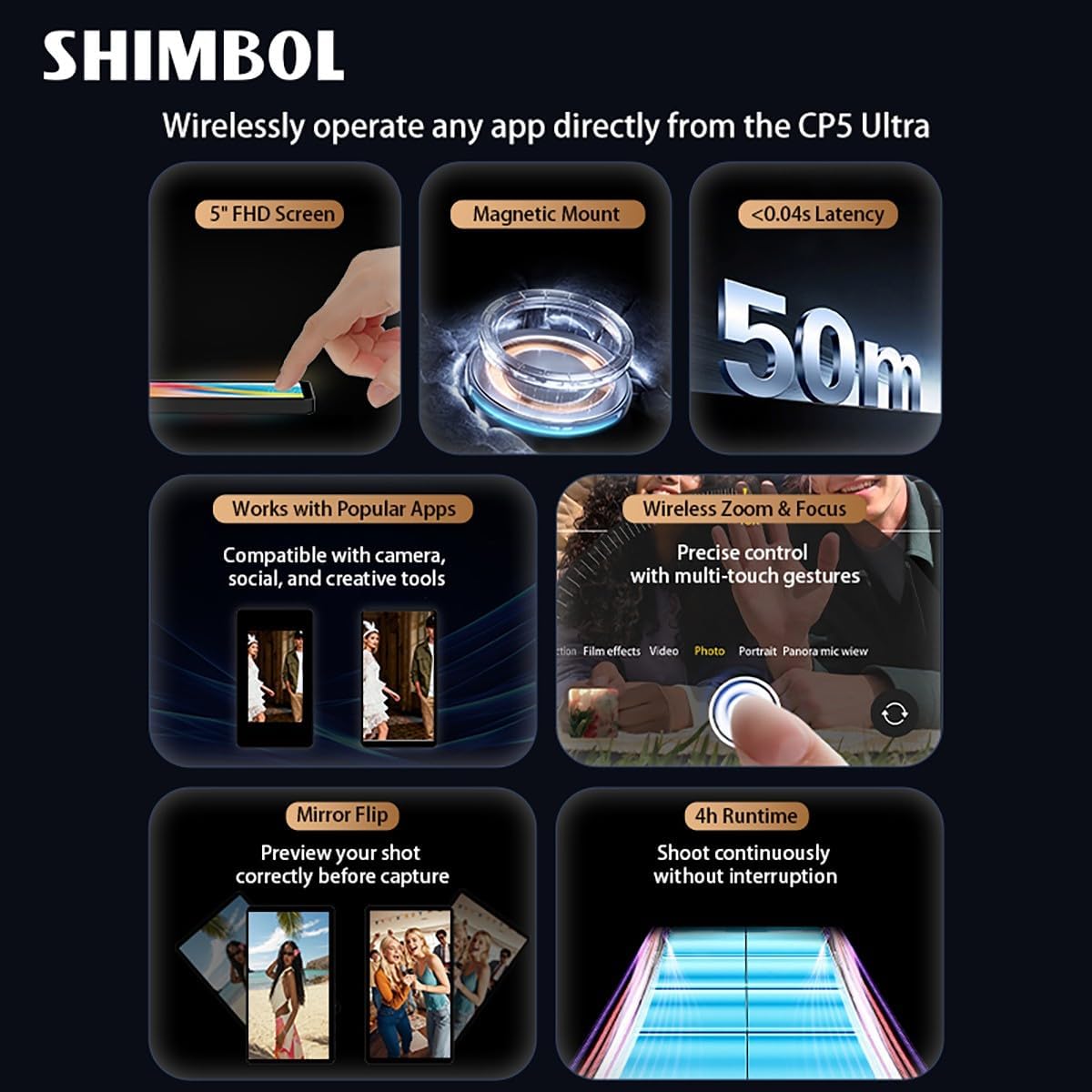 Shimbol CP5 Ultra Monitor de 5" para Selfies y Vlogs, Pantalla táctil para teléfono, Alcance de 50 m, latencia de 0,04 s, autonomía de 4 h, Compatible con iPhone y Android (Negro)