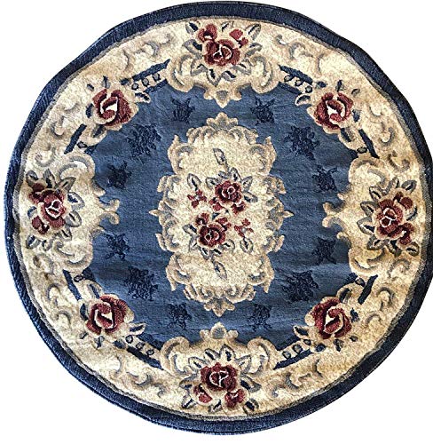 Traditional Round Aubusson Persian Area Rug Light Blue With Red Design 507 (4 Feet X 4 Feet ) #TOP8