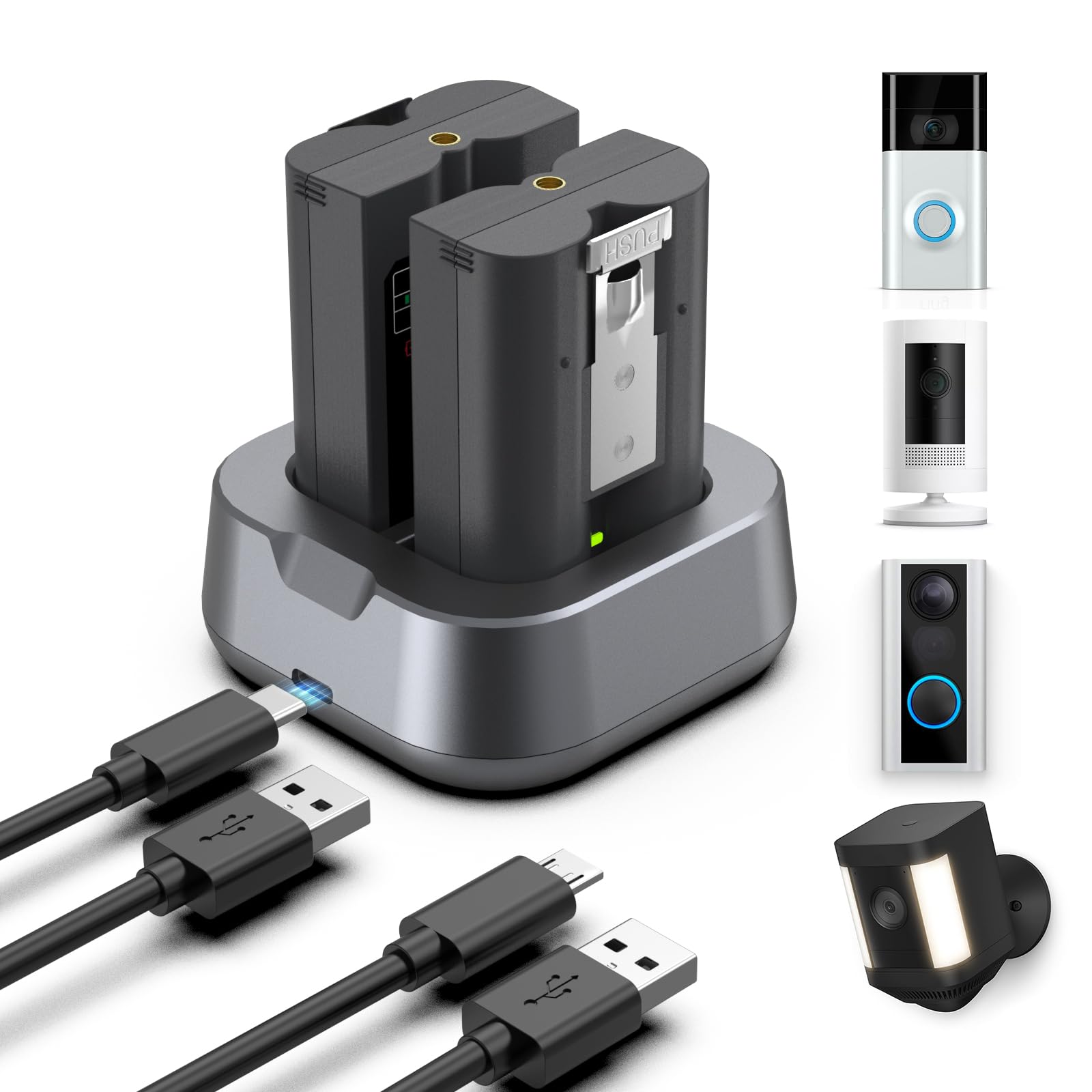 2 baterie 7200 mAh, zamiennik akumulatora pierścieniowego ze stacją ładującą, akumulator do kamery o dużej pojemności, kompatybilny z Ring-Doorbell 2/3/4/3plus, Stick Up Cam (2/3 generacji), Spotlight