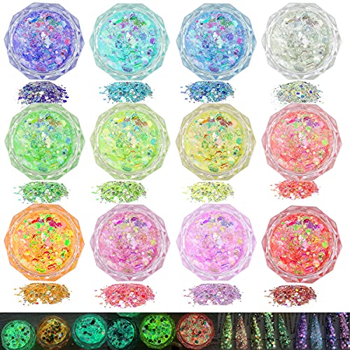 12 COLOR GLOW IN THE DARK GLITTER LUMINOUS NAIL GLITTER HOLOGRAPHIC CHUNKY GLITTER FOR CRAFT AND PARTY DECORATION WEDDINGS CARDS FLOWERS SCRAPBOOKING BODY FACE NAIL GLITTER SLIME MAKIN