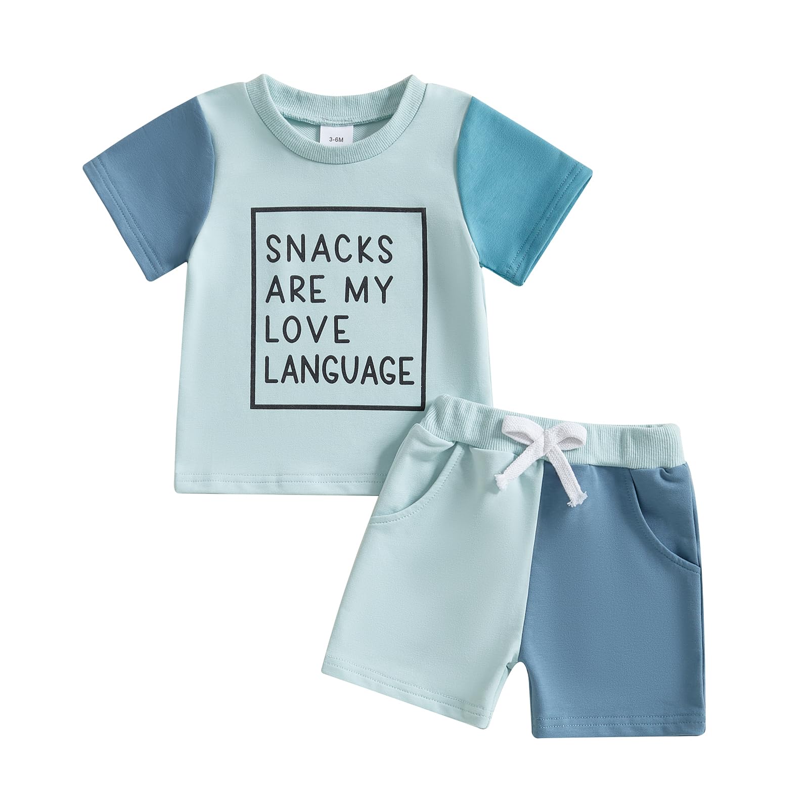 Toddler Baby Boy Summer Clothes Short Sleeve Letter T Shirt Tops and Stretch Casual Shorts Set Infant Outfit (Snacks Love Blue, 18-24 Months)