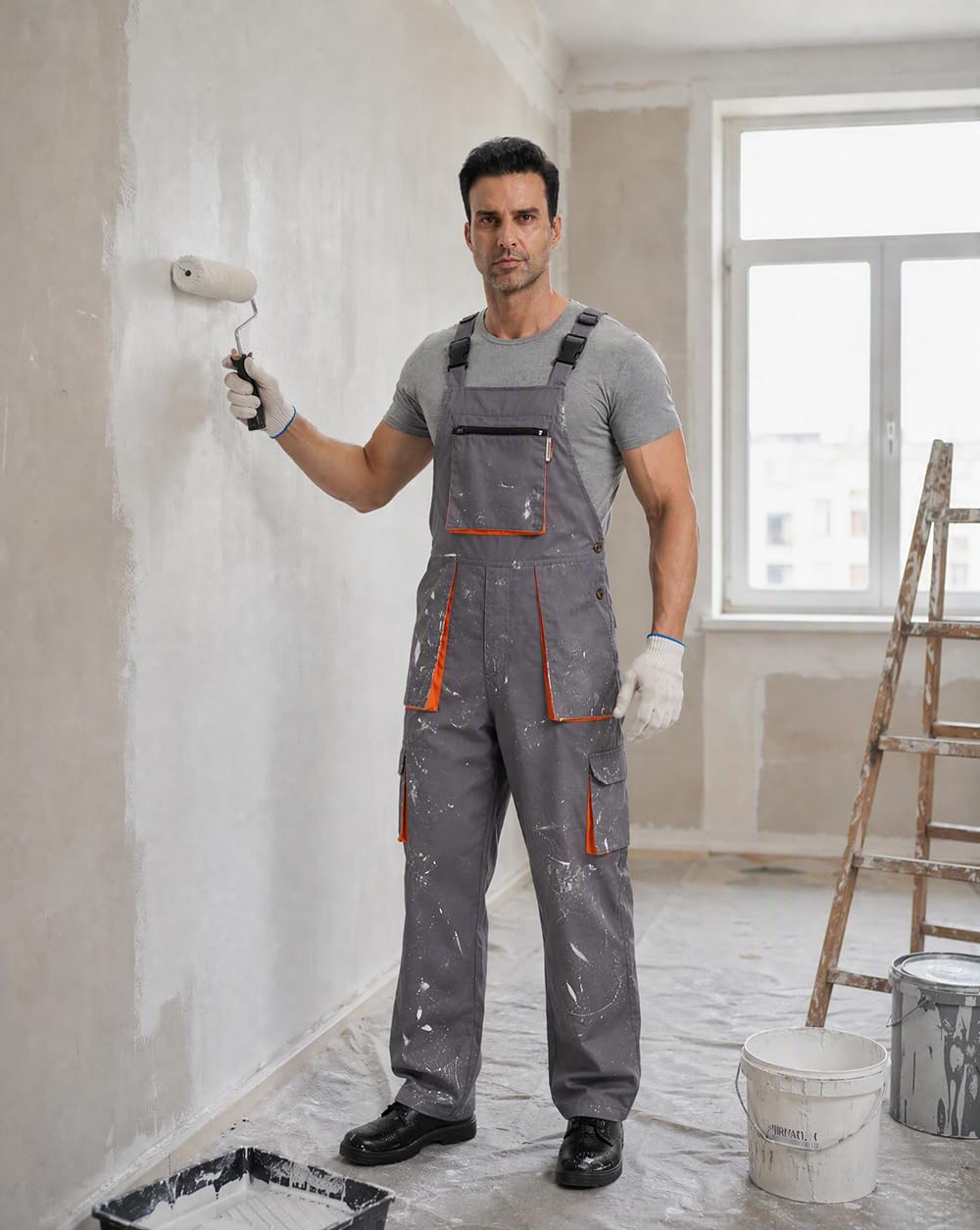 Salopette da Lavoro da Uomo Pantaloni Lunghi Salopette Tuta da Lavoro con Bretelle, Grigio, L