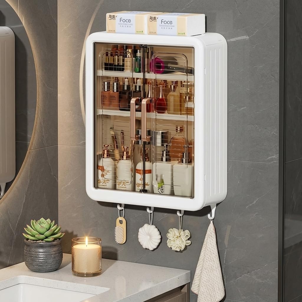 Wall Mounted Bathroom Storage Cabinet with Transparent Doors | Multiple Shelves, Dustproof & Waterproof, Utility Hooks Included, Cosmetics Organiser, Multipurpose Storage-image-33