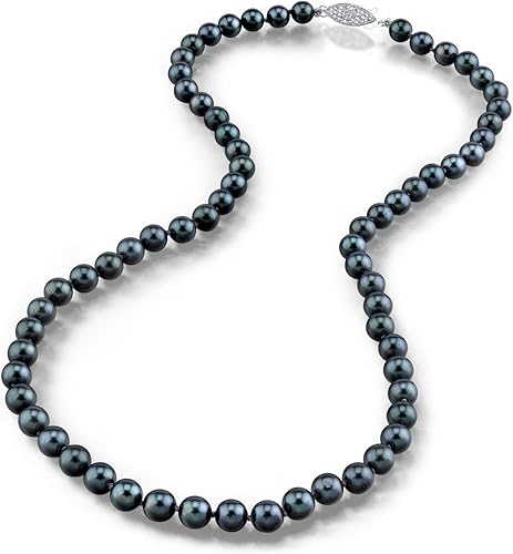 The Pearl Source Collar de perlas japonesas Akoya negras para mujer, collar de perlas de oro de 14 quilates Collar de perlas largas de 18 pulgadas