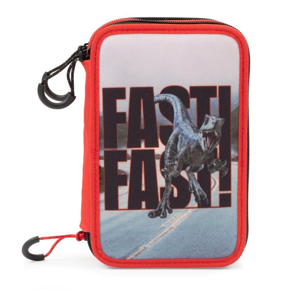 Giochi Preziosi Jurassic Word - Astuccio Triplo Scuola Con 3 Zip E 3 Scomparti, Contiene 18 Matite Colorate, 18 Pennarelli e altri Pratici Oggetti per la Scuola,13 l x 19,5 h x 6,5 p
