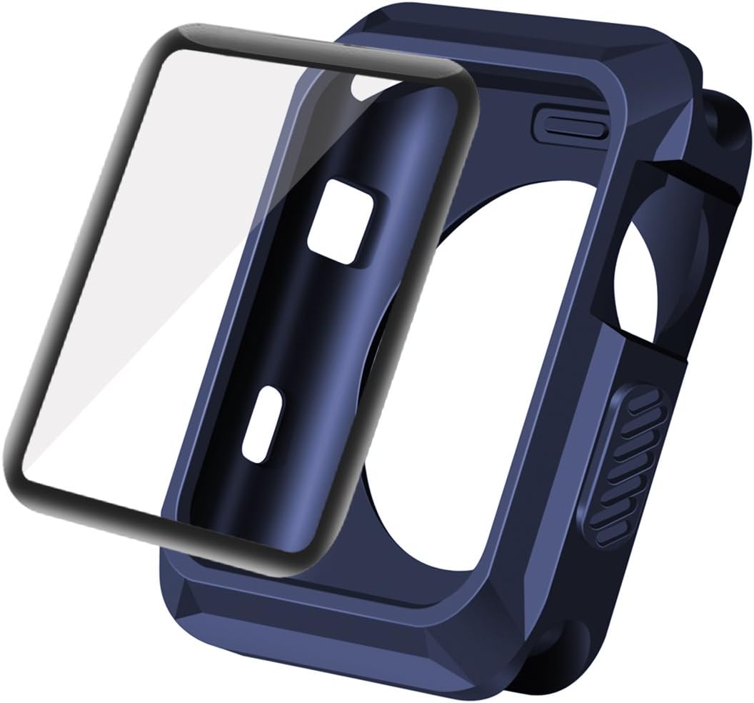 WolaitCompatible with Apple Watch Case 42mm, Rugged Protective Case + Tempered Glass Screen Protector for Series 3, Series 2, Series1,Navy