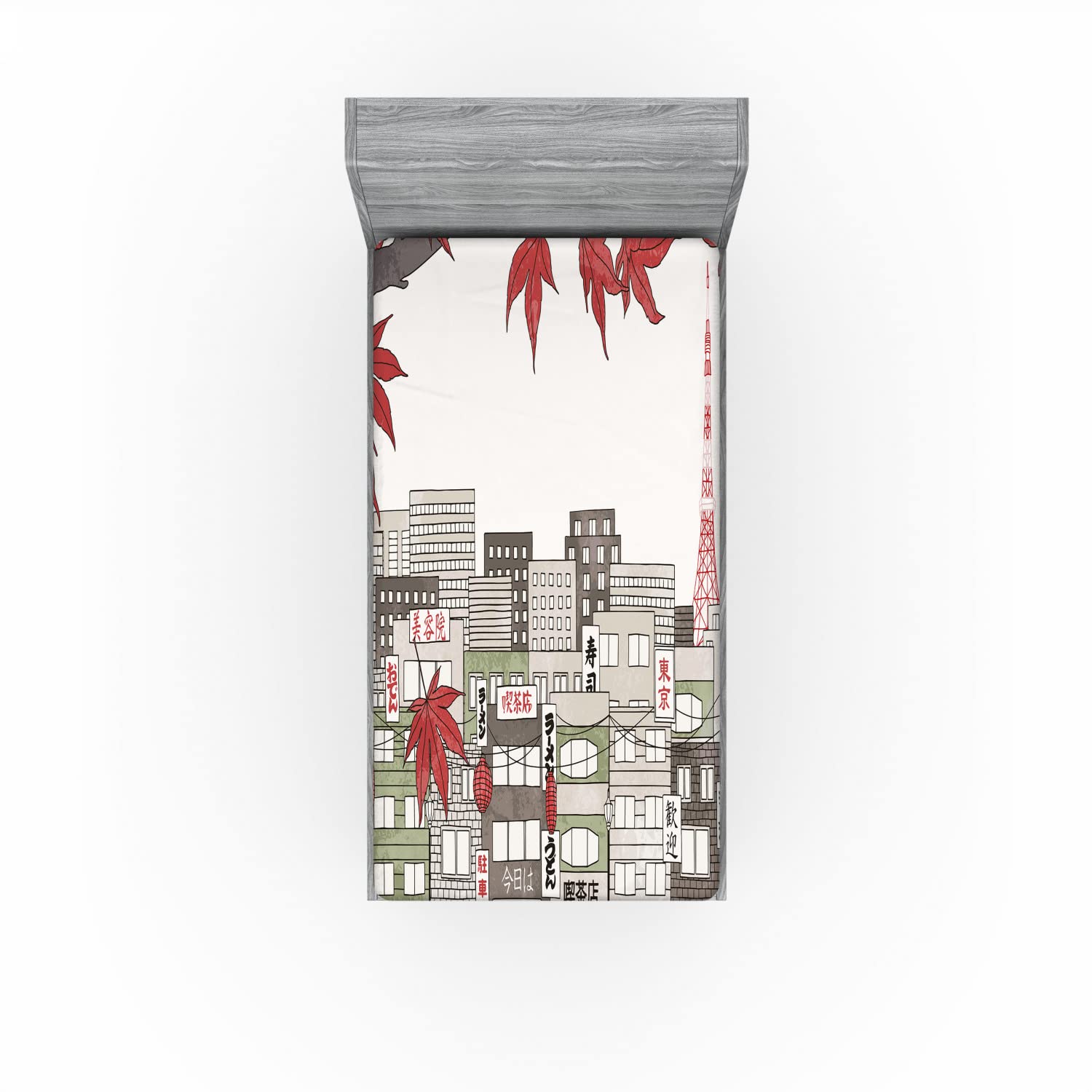 Ambesonne Tokyo 2 Pack Fitted Sheet, Japanese City Art Panorama, Bed Cover All-Round Elastic Deep Pockets 2 Pieces, Package Contains 2 Twin Size Fitted Sheets, Coconut Red