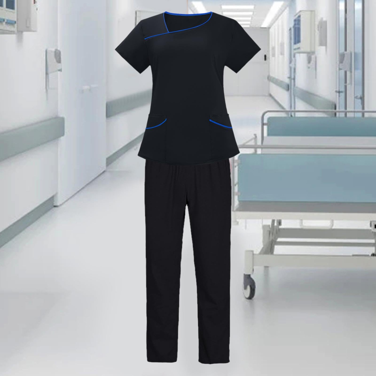 predolo Conjunto de Uniforme Médico para Mujer, Traje de Enfermera Cómodo Y, Ropa de Trabajo Elegante, Pantalón de Uniforme Médico para Mujer, XL Negro