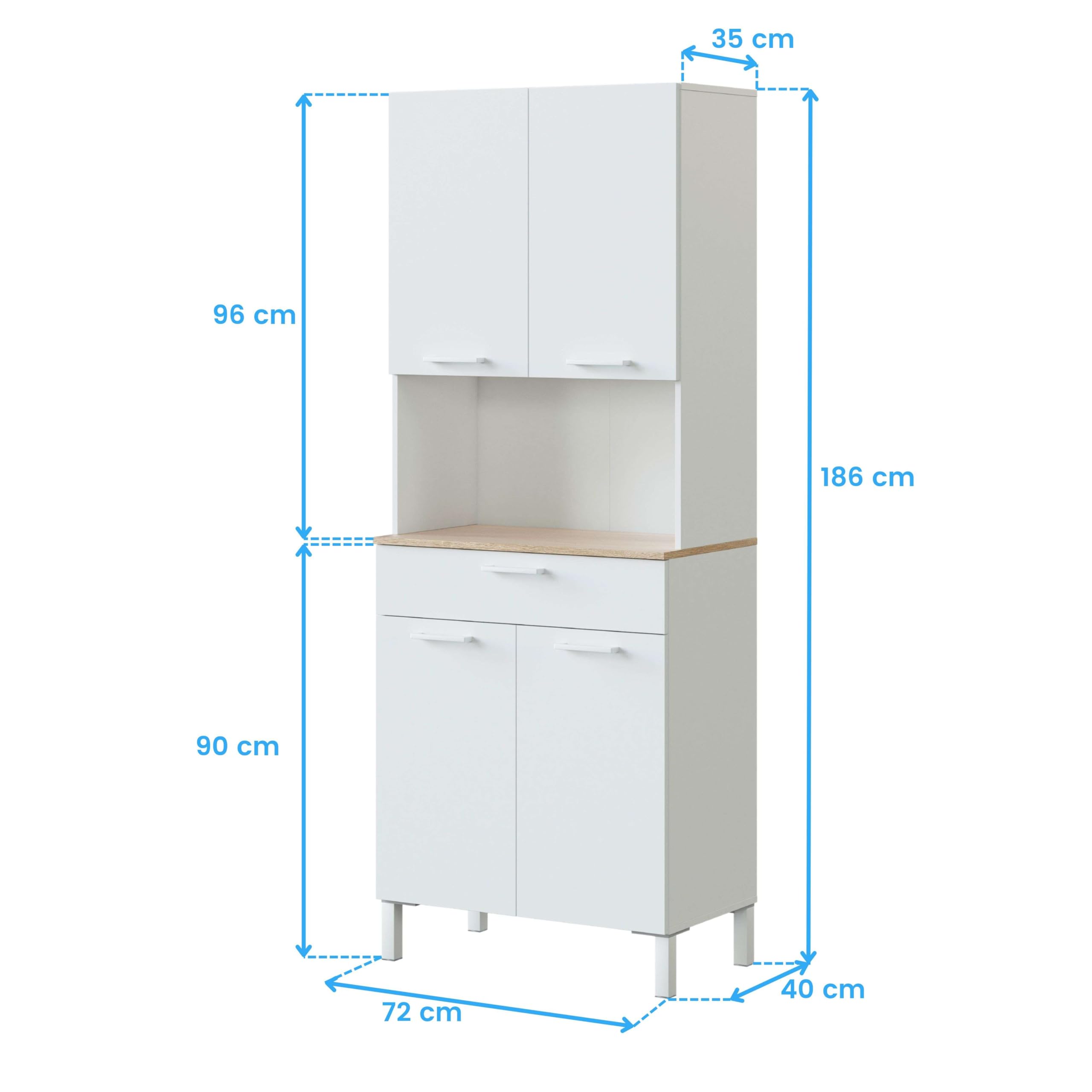 Habitdesign Mueble Auxiliar Cocina 4 Puertas + 1 Cajón, Modelo Kira, Acabado Blanco Artik y Roble Canadian, Medidas: 186 cm (Alto) x 72 cm (Ancho) x 40 cm (Fondo)