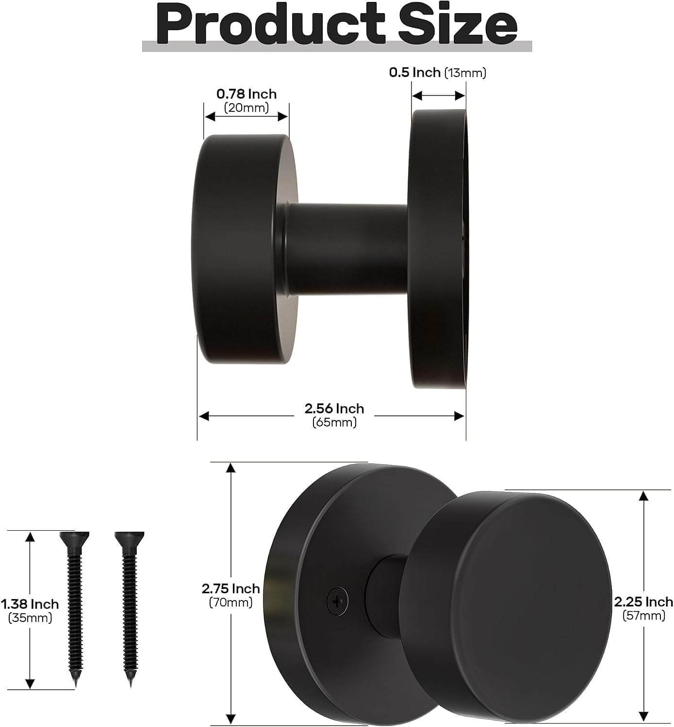 Hoconnie Dummy Door Knob, Brushed Satin Brass Dummy Door Knobs Interior, Round Modern Door Handle Interior for Hall Pantry Closet Door Bifold Doors (Black, 1 Pack Dummy)