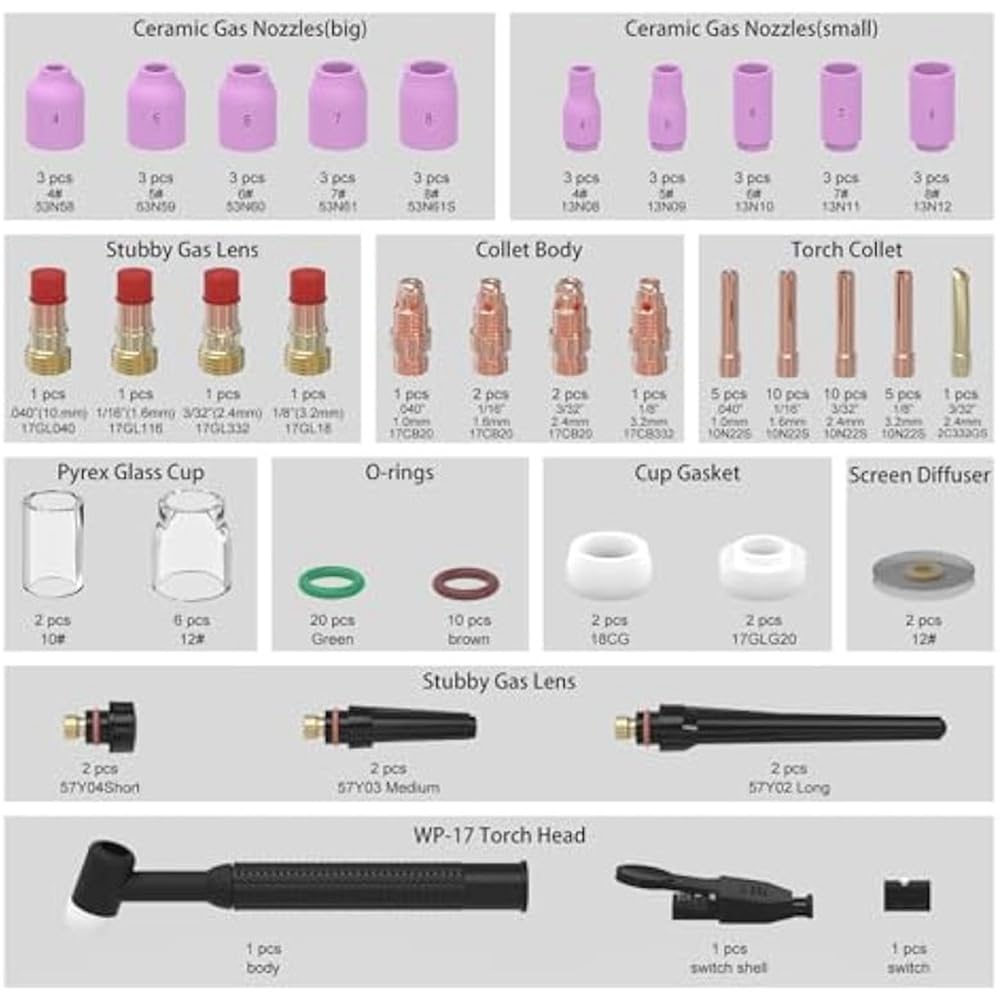 Tig Torch Zubehör Kit Tig palnik spawalniczy materiał eksploatacyjny do -17/18/26 dysz, Collets Body Stubby Stubby Gazowy obiektyw szklany zestaw