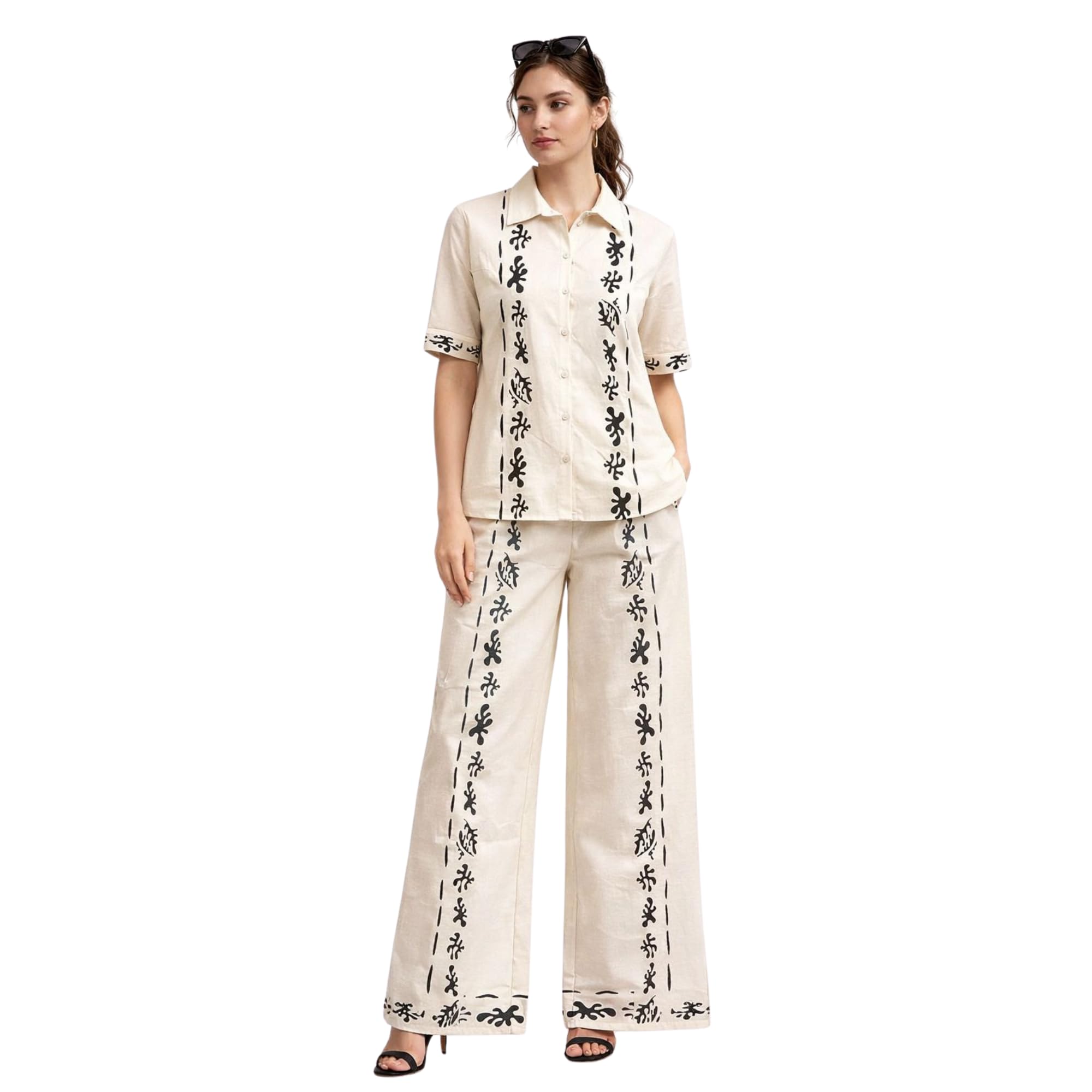 shifneen Women's Cotton Blend Collared Casual Co-Ord Set with Palazzo Pants | Beige | L-picture-47